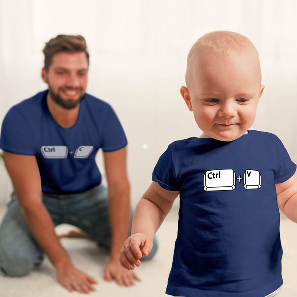 Daddy and Me collection banner with a Dad is standing behind his baby son and they are wearing a matching and funny set of shirt and onesie