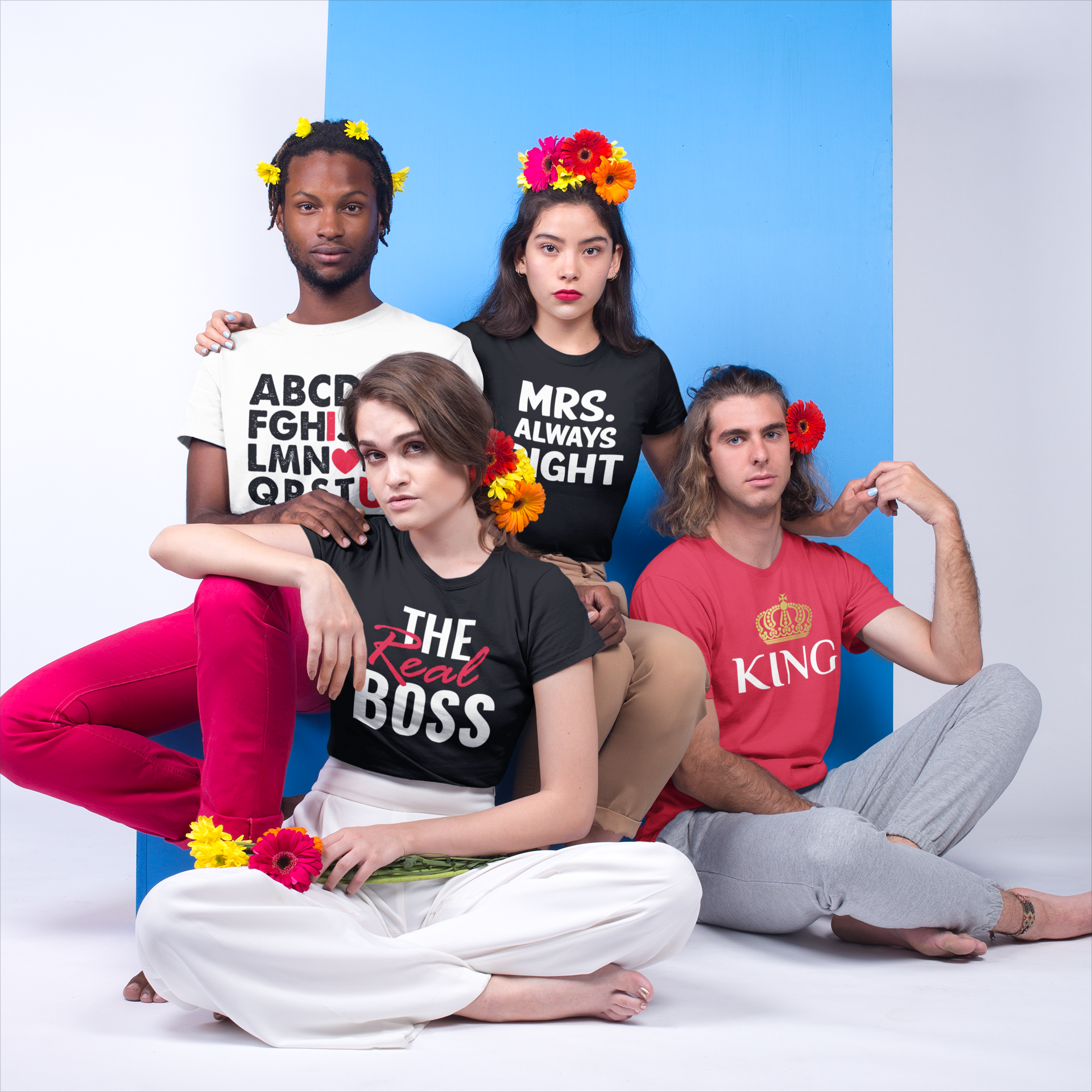 Two men and two women wear shirts with funny captions and sit on a white and blue background