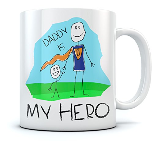 Daddy Is My Hero Kids Drawing - Super Dad Coffee Mug Father's Day Gift from Son, Daughter or Wife, Unique Present for Dad's Birthday Tea Cup Ceramic Mug