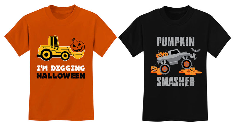 Pumpkin Smasher Truck Tractor I'm Digging Halloween Toddler Kids Shirts Set