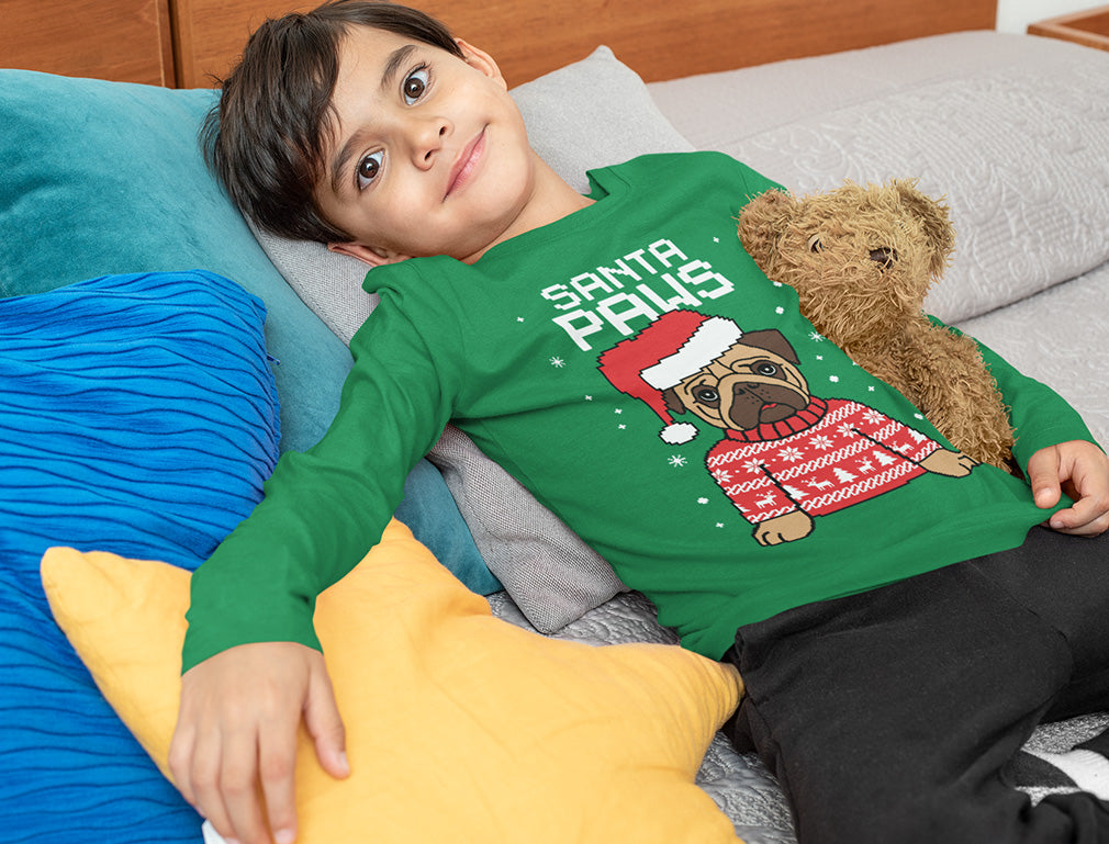Santa Paws Pug Kids Ugly Christmas Long Sleeve T-Shirt