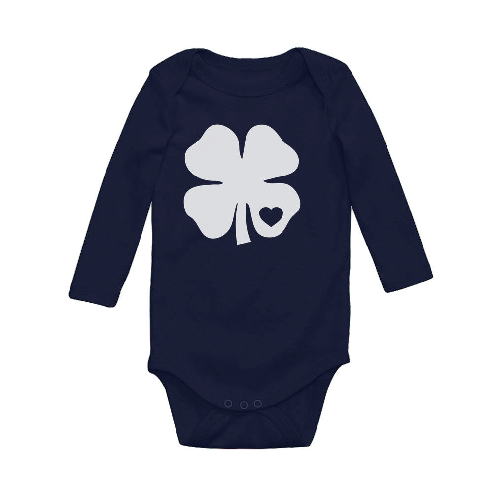 White Clover Heart Cute St Patrick's Day Baby Long Sleeve Bodysuit