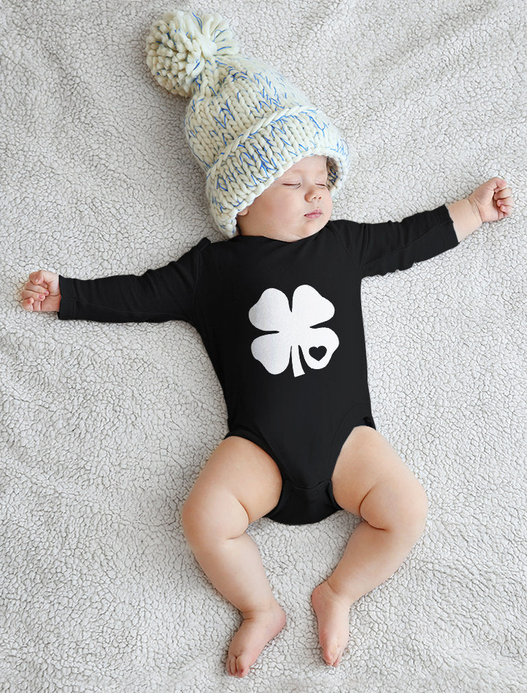 White Clover Heart Cute St Patrick's Day Baby Long Sleeve Bodysuit