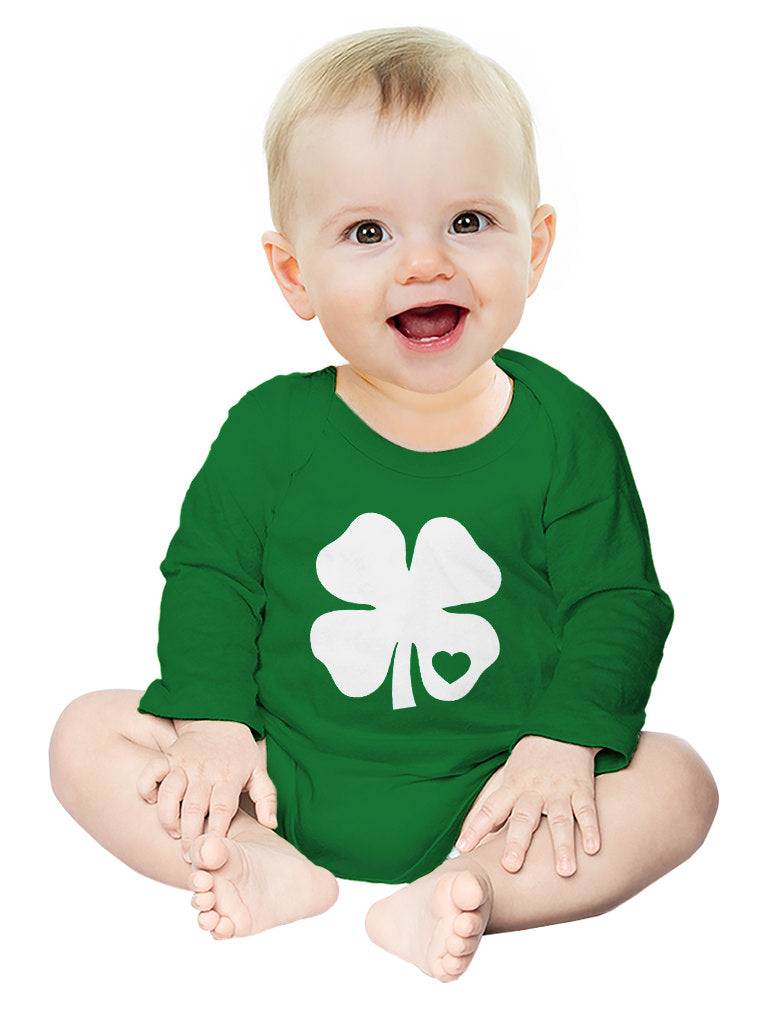 White Clover Heart Cute St Patrick's Day Baby Long Sleeve Bodysuit