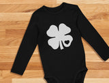 White Clover Heart Cute St Patrick's Day Baby Long Sleeve Bodysuit