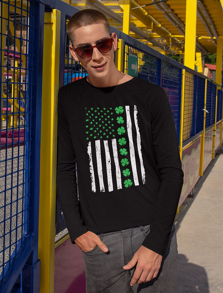 Irish Clover American Flag Long Sleeve T-Shirt