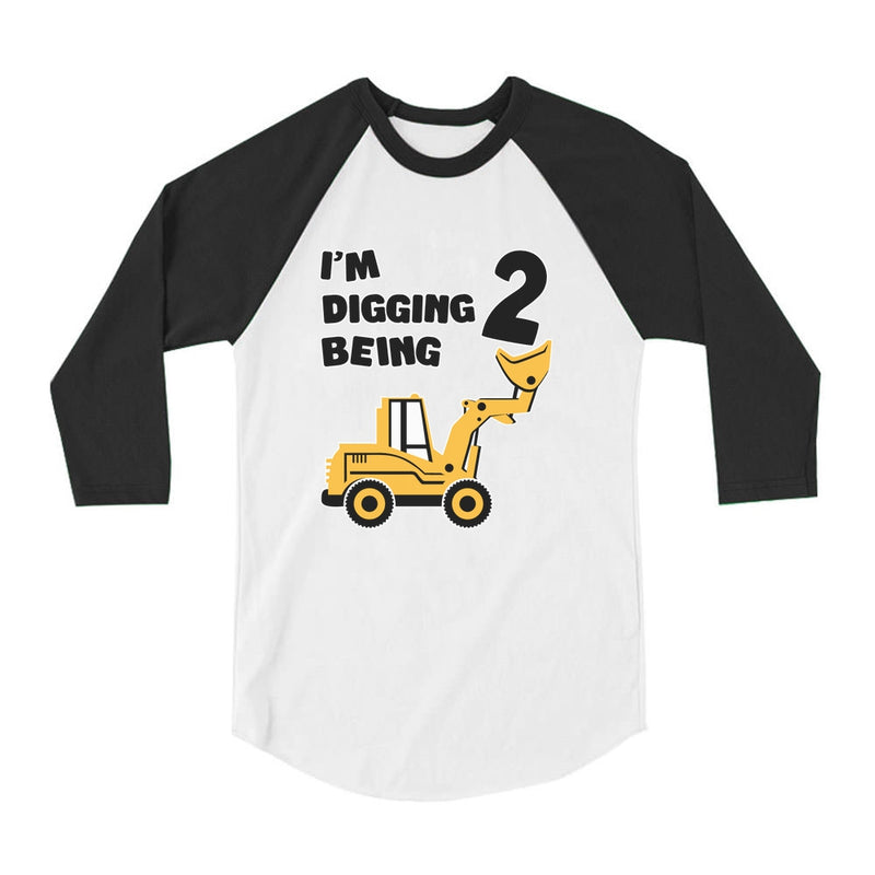 Digging Being 2 - Two Years Old Birthday Toddler Raglan 3/4 Sleeve Baseball Tee