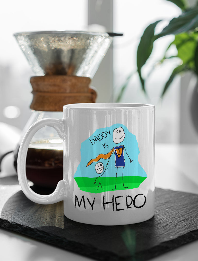 Daddy Is My Hero Kids Drawing - Super Dad Coffee Mug Father's Day Gift from Son, Daughter or Wife, Unique Present for Dad's Birthday Tea Cup Ceramic Mug White