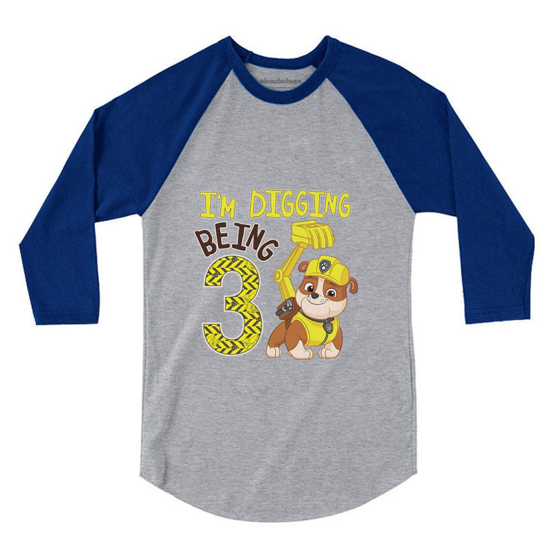 Paw Patrol Rubble Digging 3rd Birthday 3/4 Sleeve Baseball Jersey Toddler Shirt