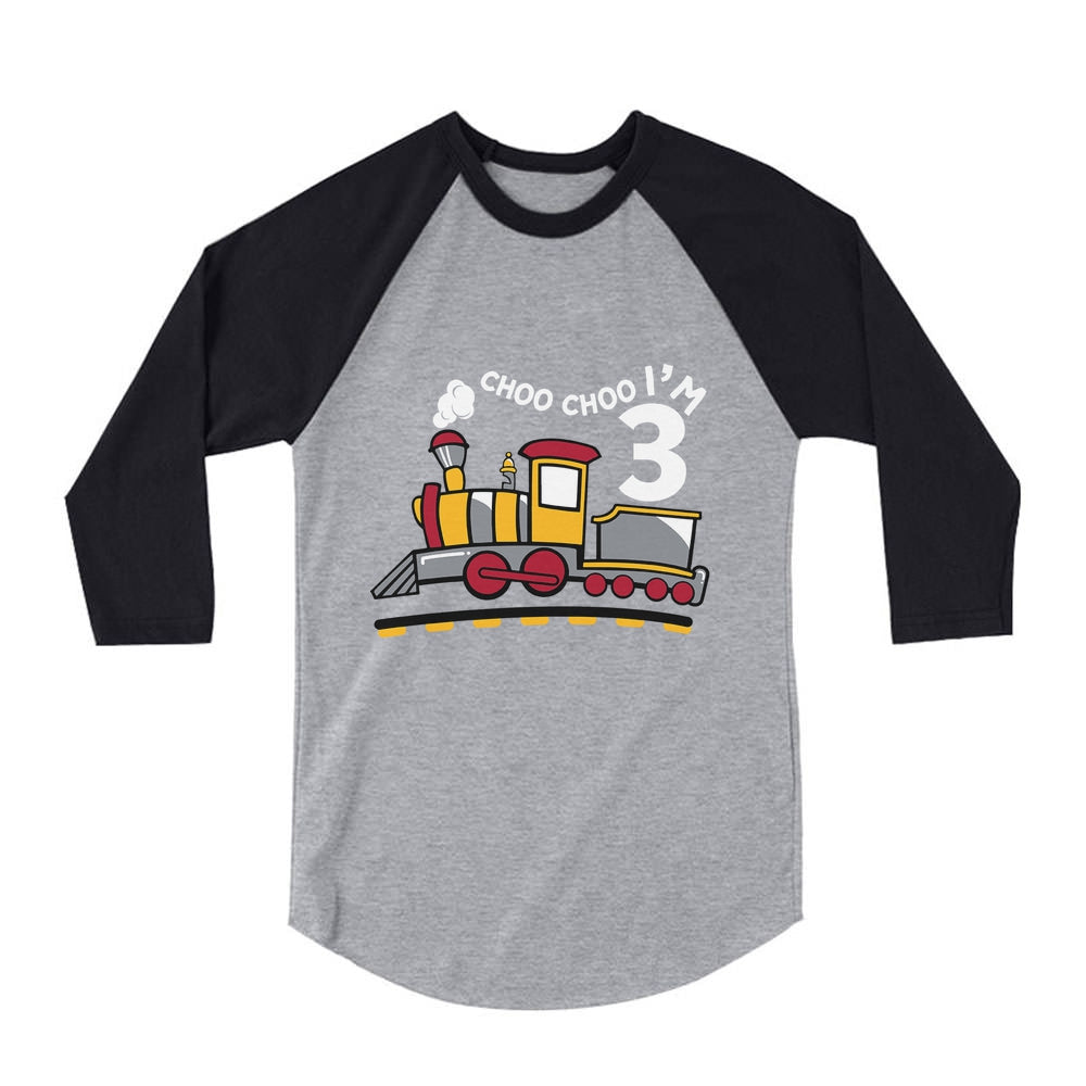 3rd Birthday 3 Year Old Boy Choo Train 3/4 Sleeve Baseball Jersey Toddler Shirt