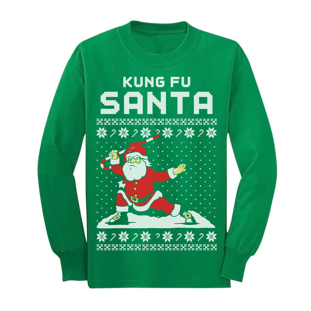 Kung Fu Santa Ugly Christmas Sweater Youth Kids Long Sleeve T-Shirt