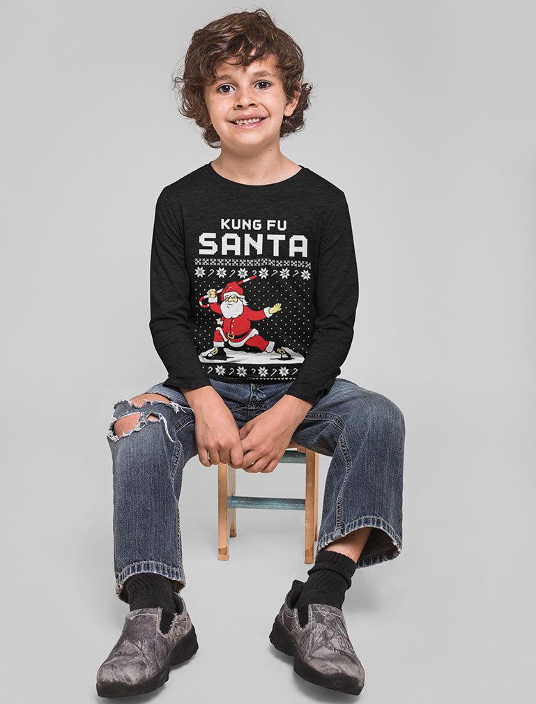 Kung Fu Santa Ugly Christmas Sweater Youth Kids Long Sleeve T-Shirt