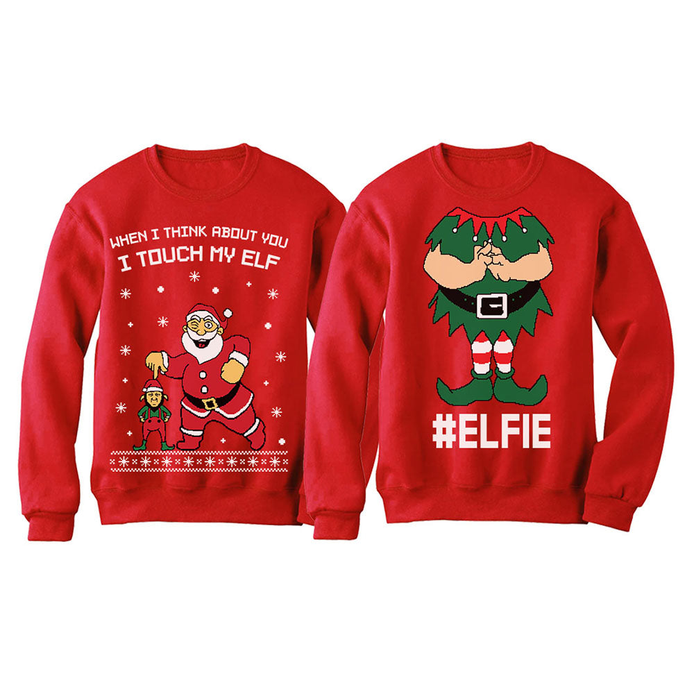 I Touch My Elf + Elfie Ugly Christmas Sweatshirt Funny Couple Xmas Set
