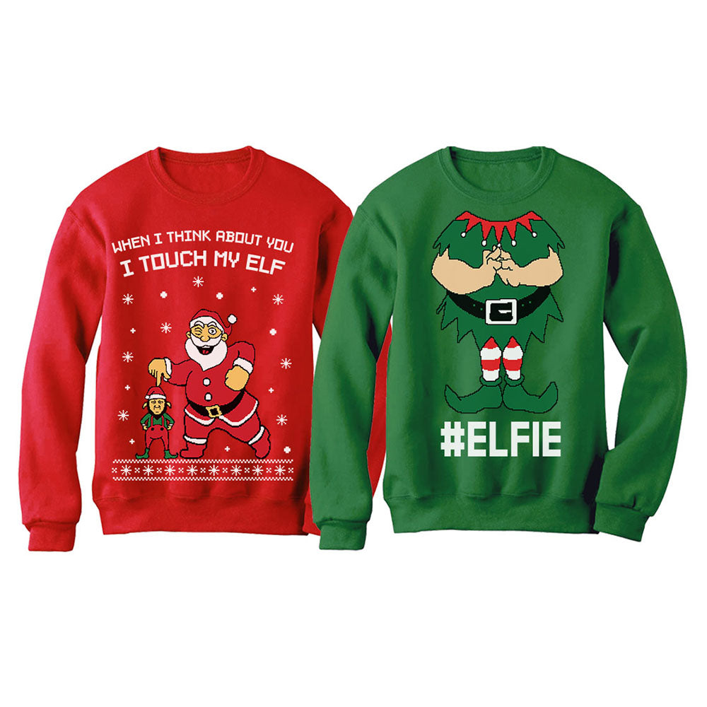 I Touch My Elf + Elfie Ugly Christmas Sweatshirt Funny Couple Xmas Set