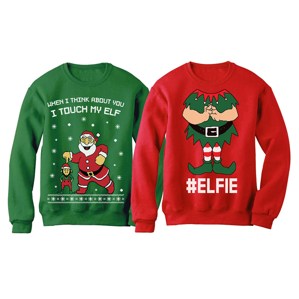 I Touch My Elf + Elfie Ugly Christmas Sweatshirt Funny Couple Xmas Set