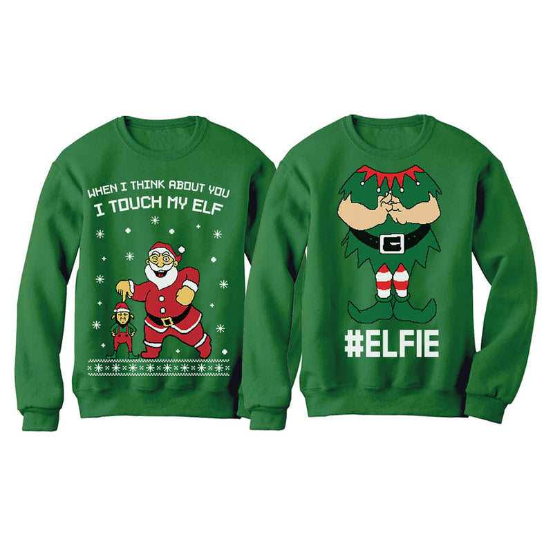 I Touch My Elf + Elfie Ugly Christmas Sweatshirt Funny Couple Xmas Set