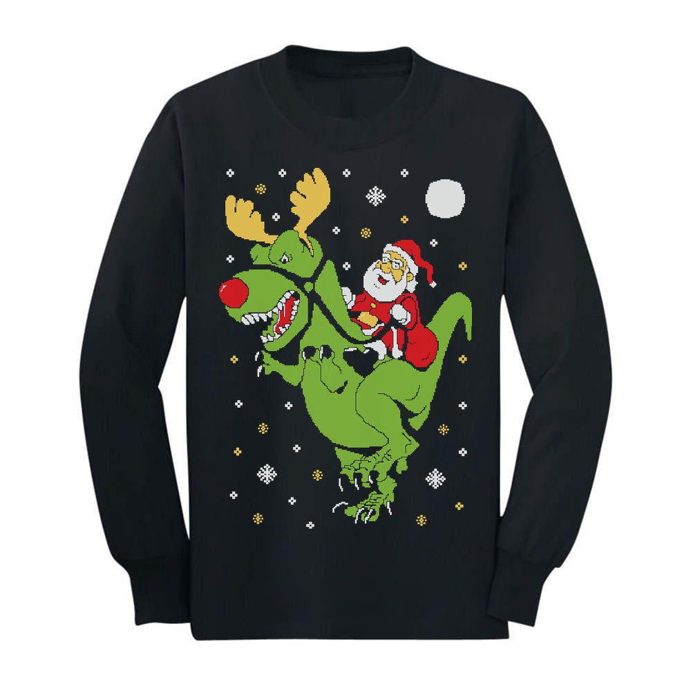 Santa Rides T-Rex Ugly Christmas Kids Long Sleeve Tee