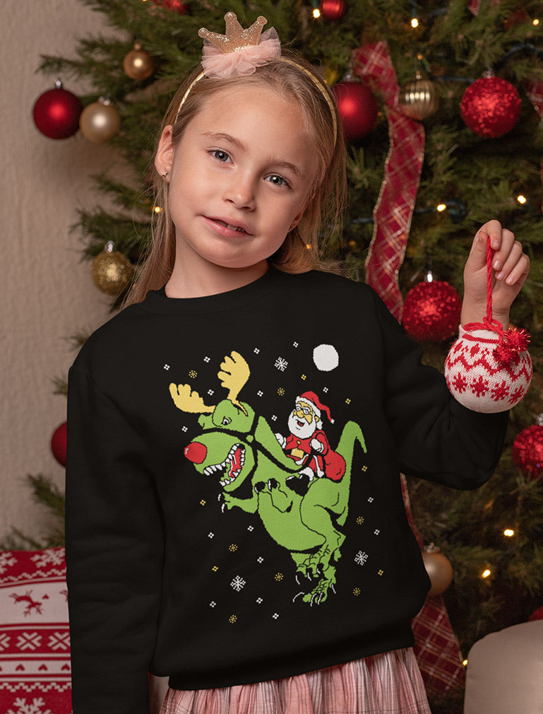 Santa Rides T-Rex Ugly Christmas Kids Sweatshirt