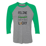 Feline Lucky Irish Cat St Patrick's Day 3/4 Women Sleeve Baseball Jersey Shirt 
