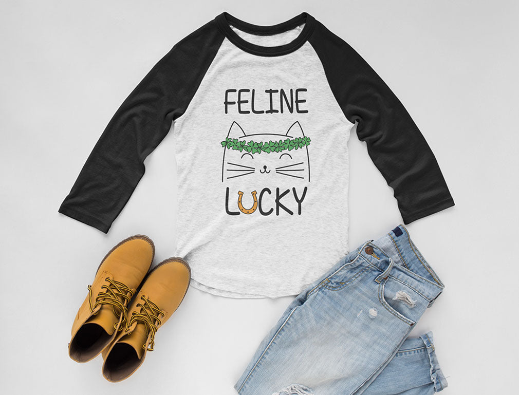 Feline Lucky Irish Cat St Patrick's Day 3/4 Women Sleeve Baseball Jersey Shirt