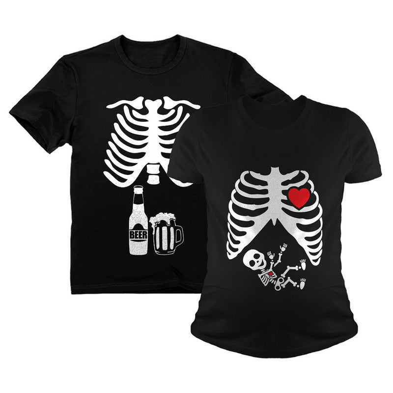 Halloween Skeleton Maternity Shirt Baby Boy X-Ray Matching Couples Set Beer Tee