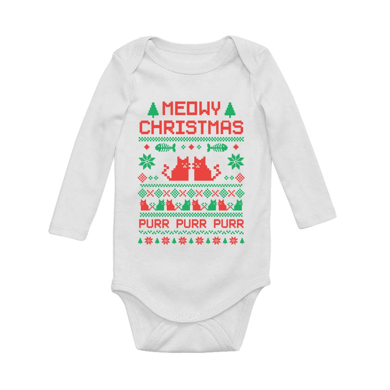 Cute Xmas Bodysuit - Meowy Christmas Ugly Sweater Design Baby Long Sleeve Bodysuit