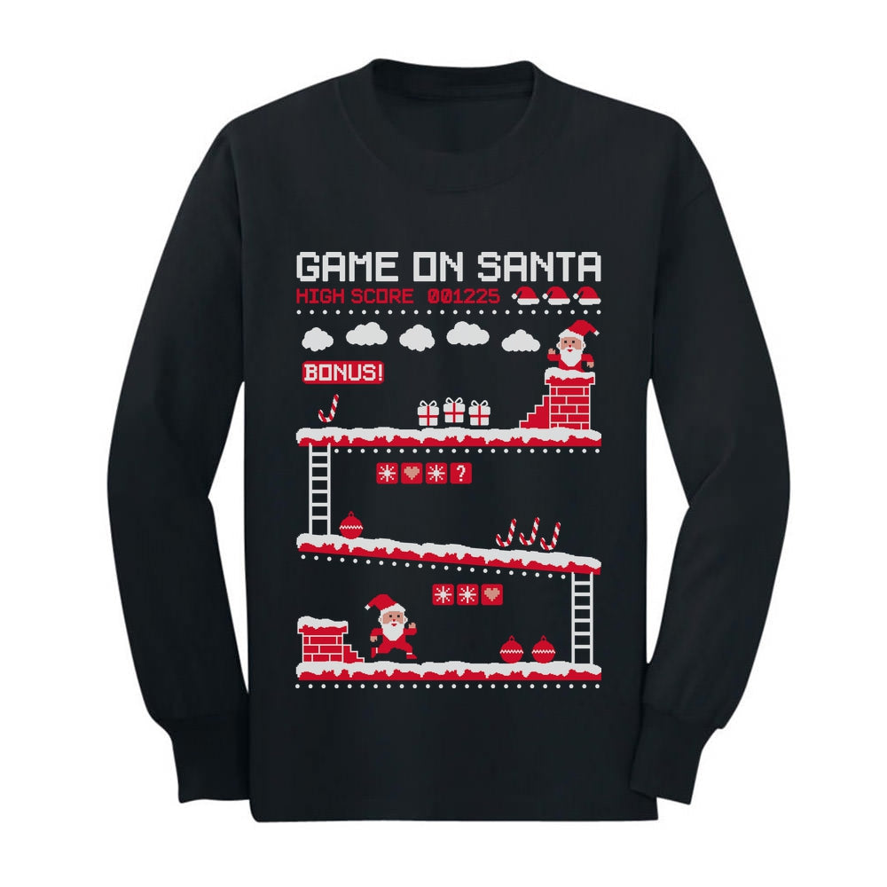 Video Game On Santa 8bit Ugly Chritsmas Gamers Youth Kids Long Sleeve T-Shirt