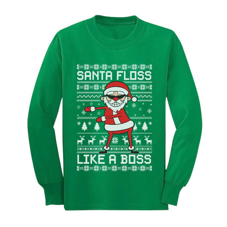 Santa Floss Like a Boss Ugly Christmas Sweater Youth Kids Long Sleeve T-Shirt - Green 1