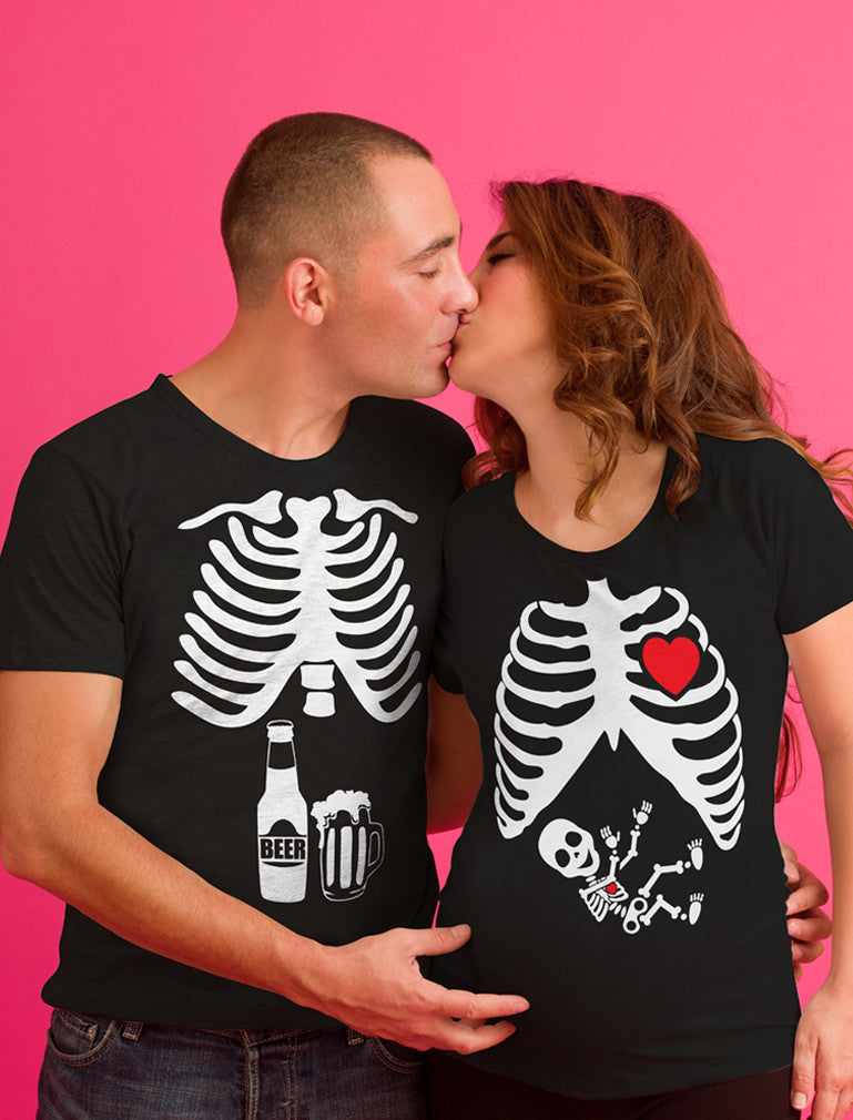 Halloween Skeleton Maternity Shirt Baby Boy X-Ray Matching Couples Set Beer Tee