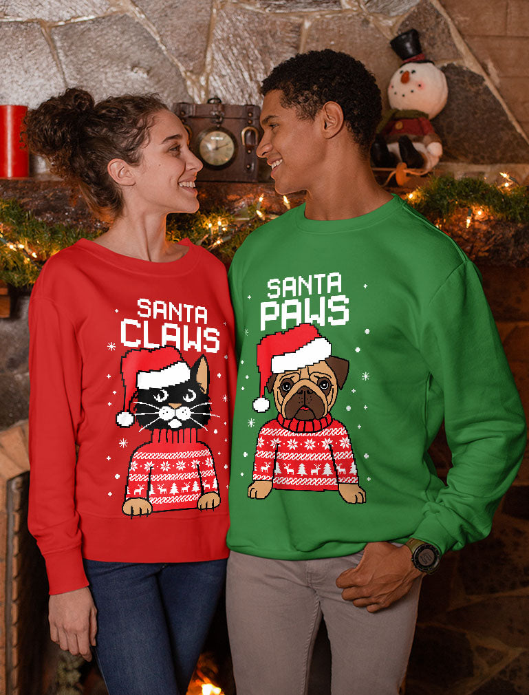 Santa Paws Santa Claws Ugly Christmas Sweatshirt Matching Couple Set