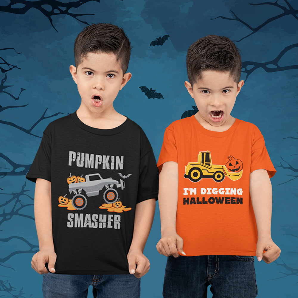 Pumpkin Smasher Truck Tractor I'm Digging Halloween Toddler Kids Shirts Set
