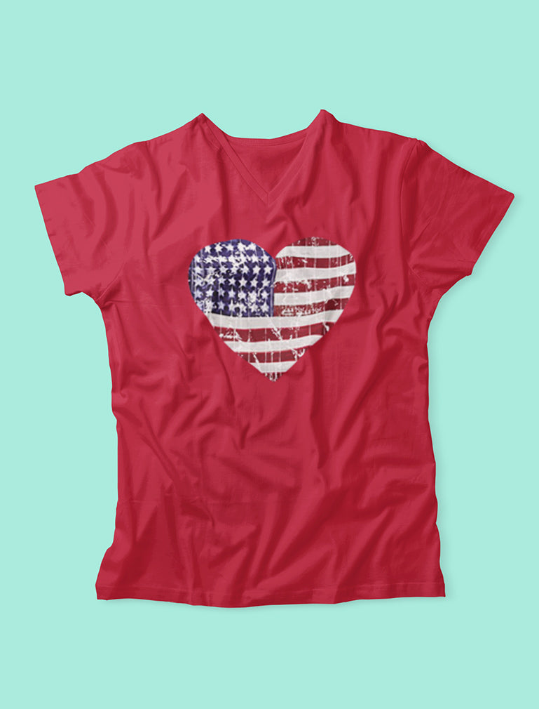 USA Heart Flag V-Neck Fitted Women T-Shirt - Gray 5