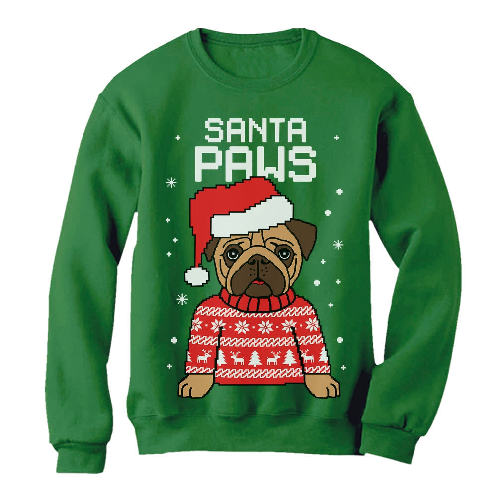 Santa Paws Pug Ugly Christmas Sweater Women Sweatshirt - Green 1