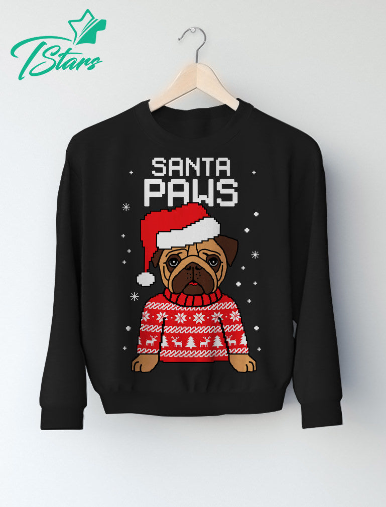 Santa Paws Pug Ugly Christmas Sweater Youth Kids Sweatshirt - Black 5