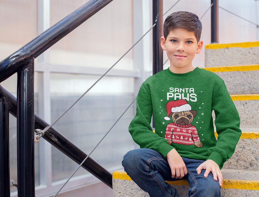 Santa Paws Pug Ugly Christmas Sweater Youth Kids Sweatshirt - Black 4