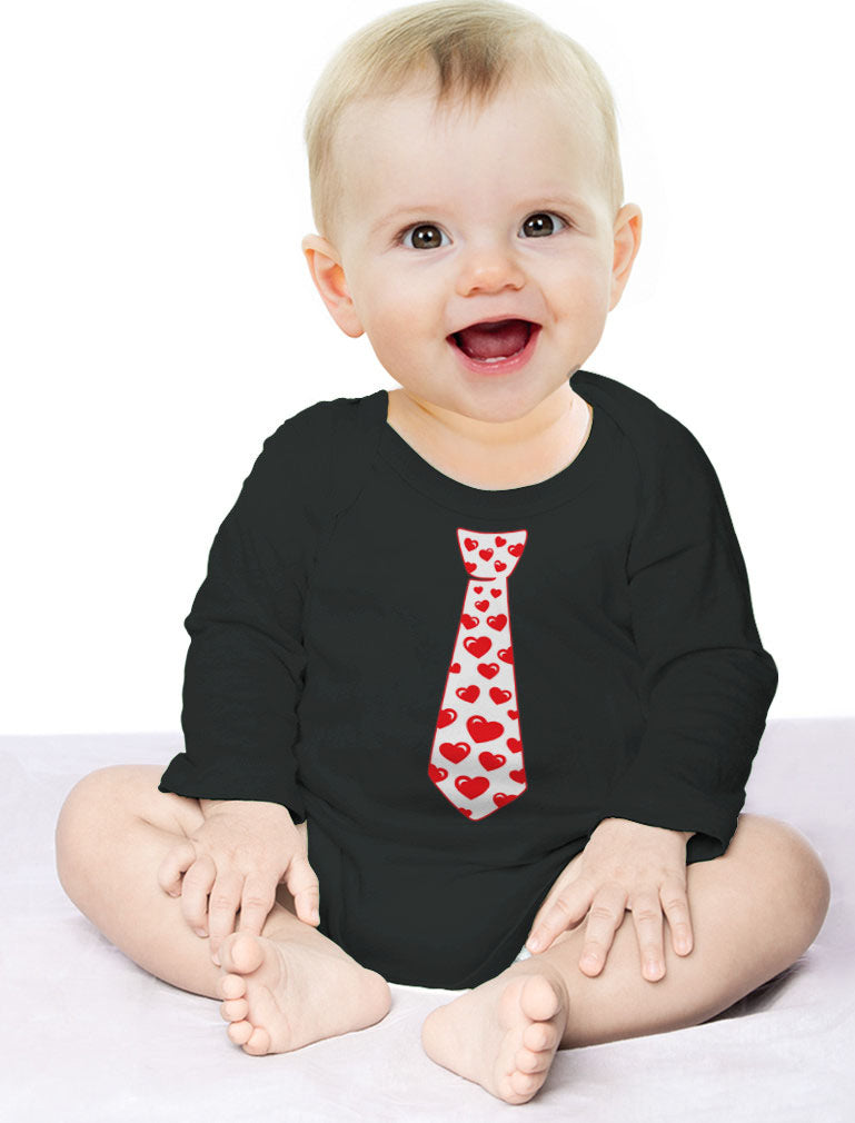 Red Hearts Tie - Valentine's Day Baby Long Sleeve Bodysuit - Red 5