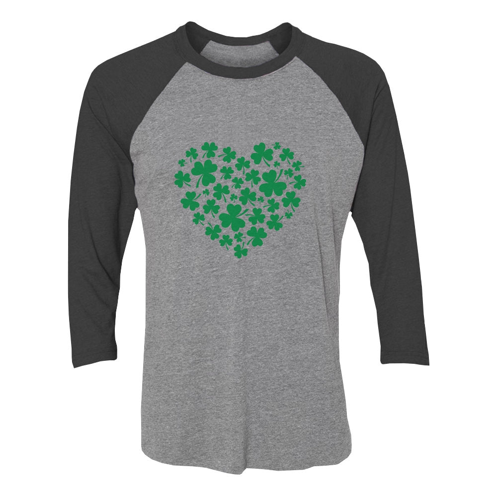Irish Green Clovers Heart St. Patrick's 3/4 Women Sleeve Baseball Jersey Shirt - black/gray 1