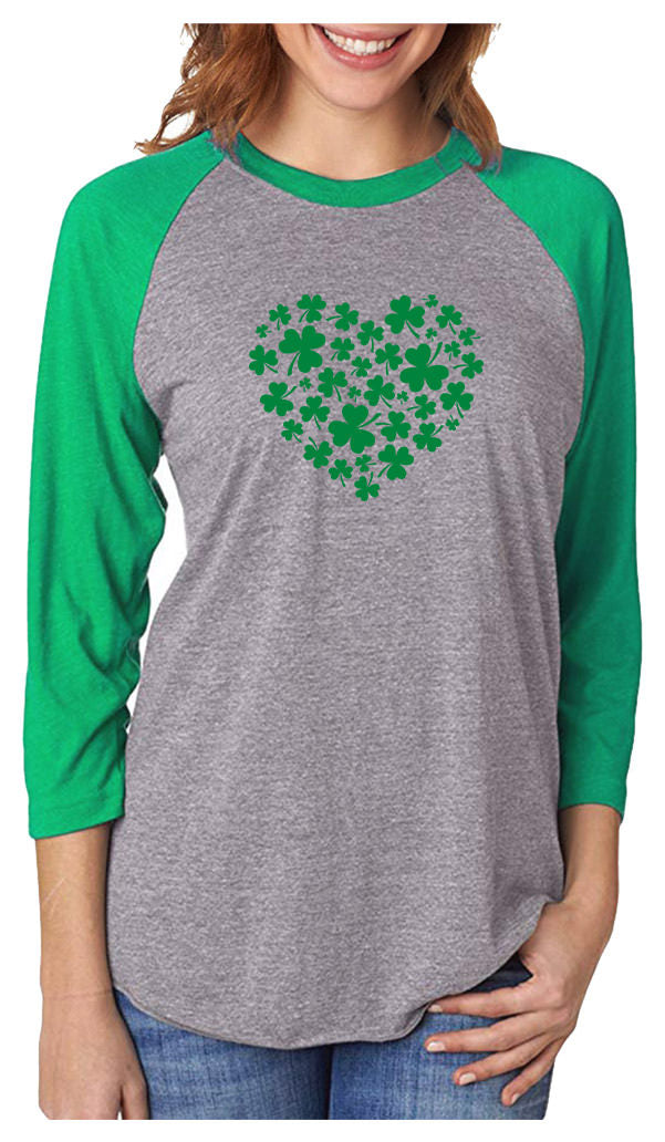 Irish Green Clovers Heart St. Patrick's 3/4 Women Sleeve Baseball Jersey Shirt - Green/Heather 5