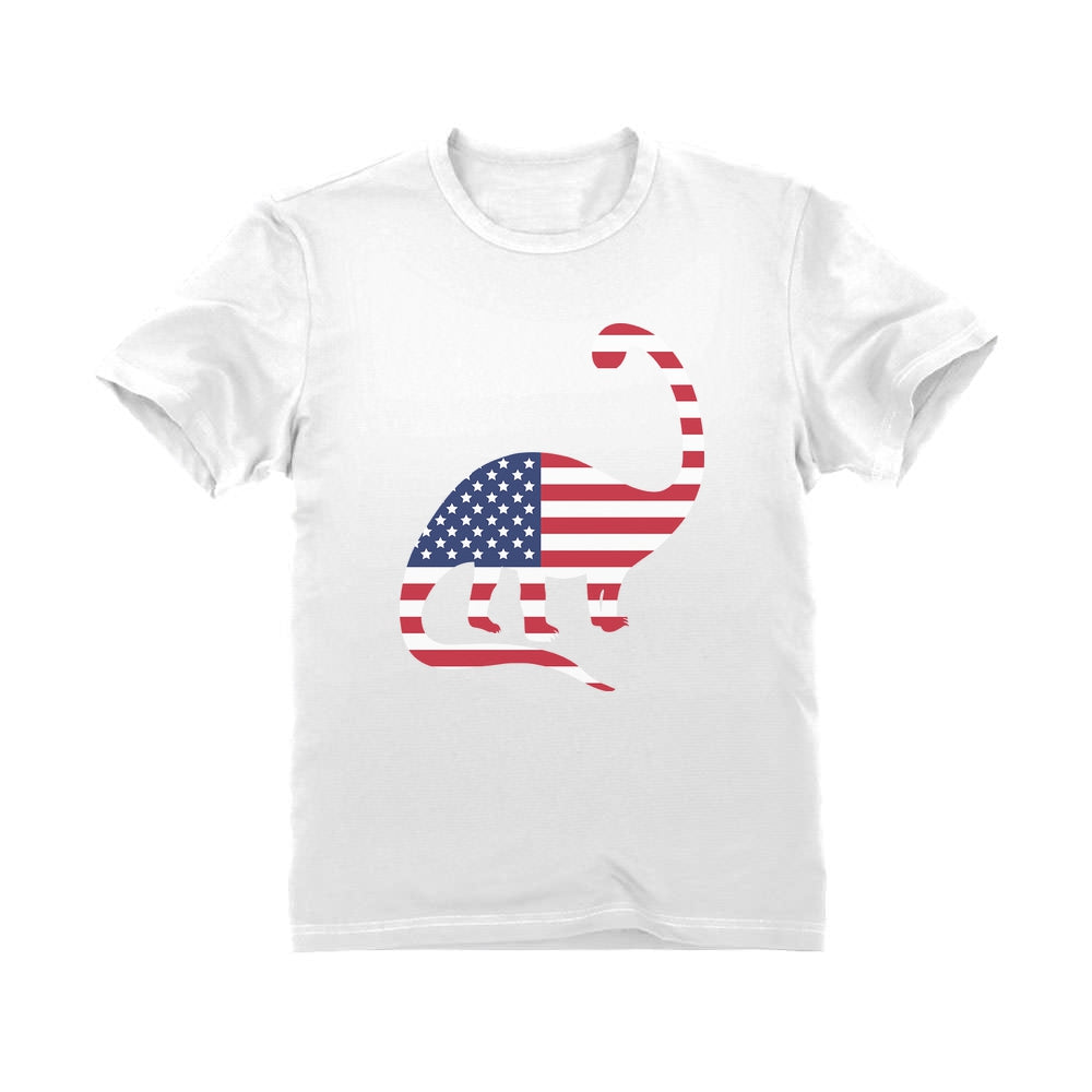 Dinosaur American Flag Youth Kids T-Shirt - White 2