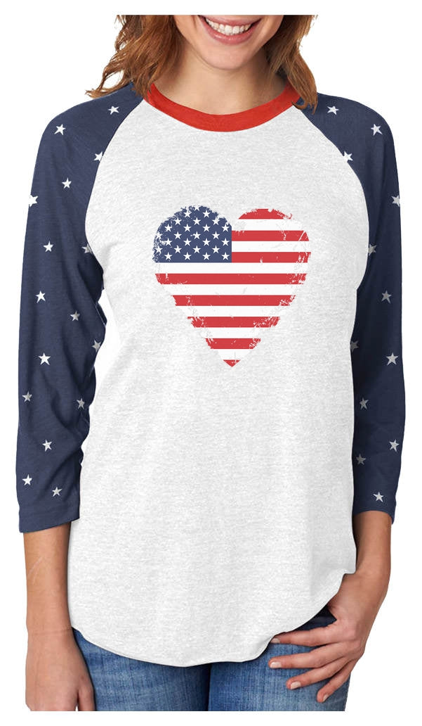 Heart Flag 3/4 Women Sleeve Baseball Jersey Shirt - Stars 13