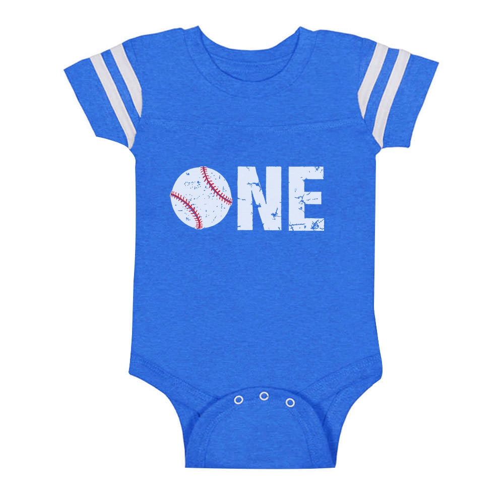 1st Birthday Baseball Baby Jersey Bodysuit - Blue 1