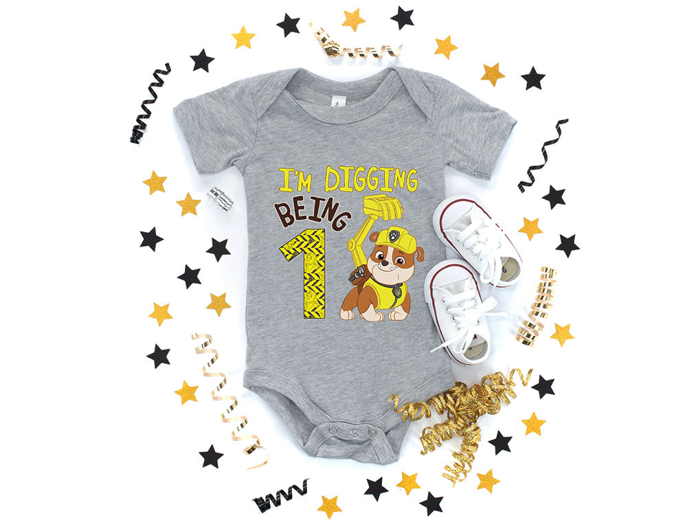 Paw Patrol Rubble Digging 1st Birthday Baby Boy Outfit Official Baby Bodysuit - Gray 10