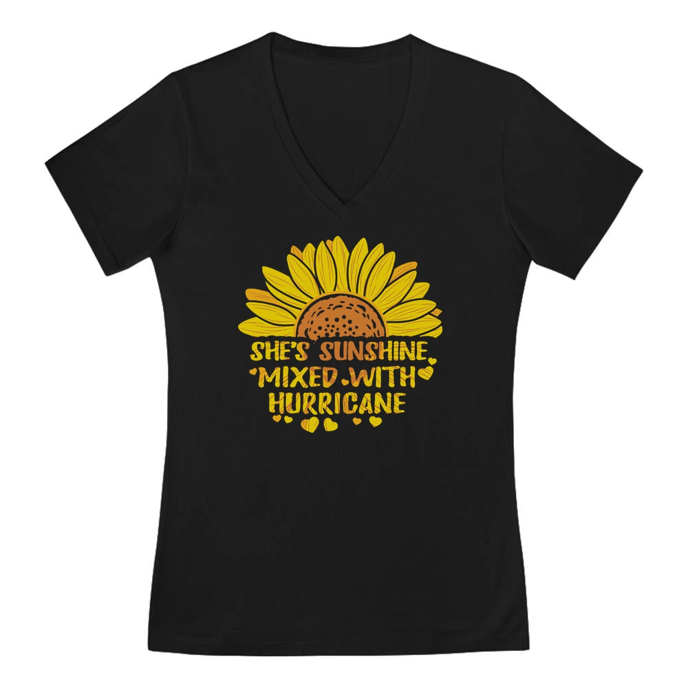Cute Sunflower V-Neck Fitted Women T-Shirt - Black 1