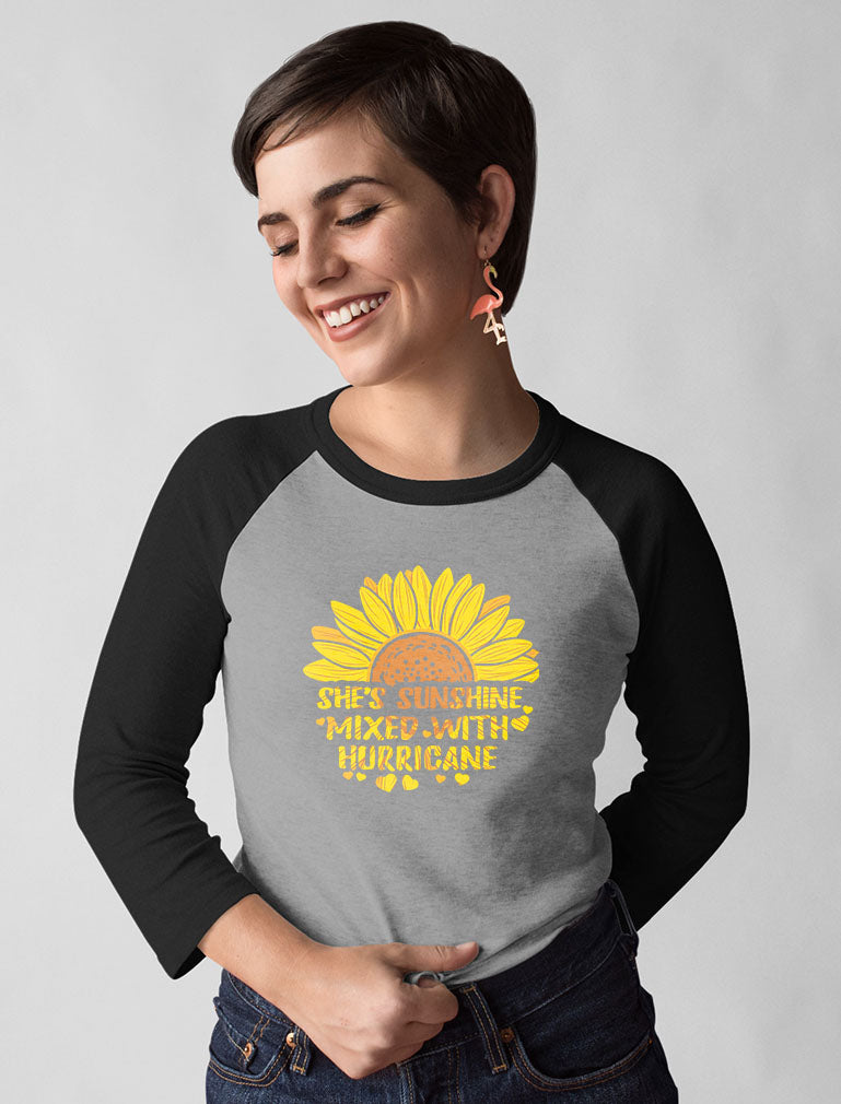 Cute Sunflower 3/4 Women Sleeve Baseball Jersey Shirt - black/gray 4