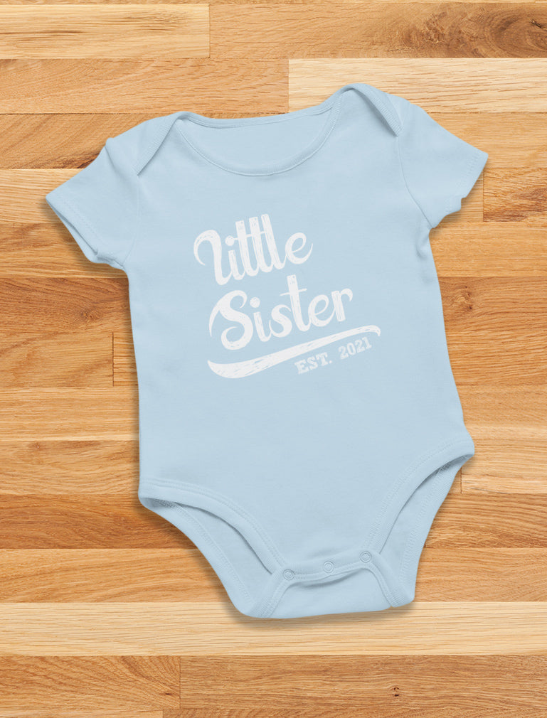 Little Sister Est. 2021 Cute Baby Girl Bodysuit - Navy 10