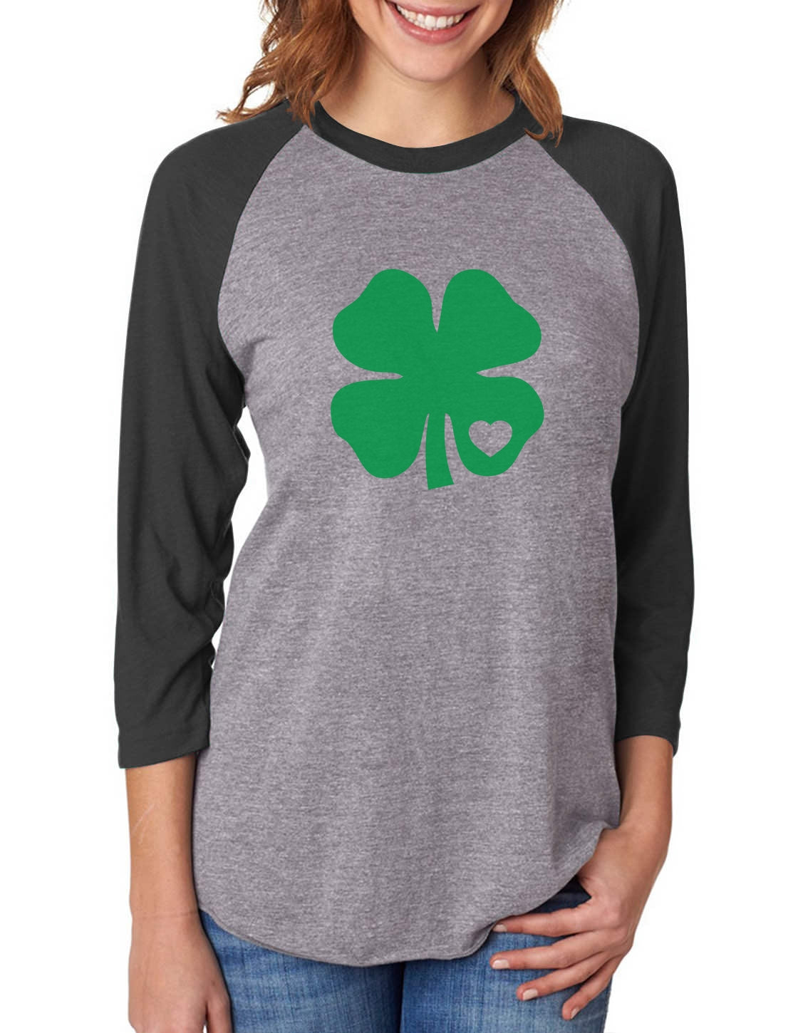 Green Clover Heart 3/4 Women Sleeve Baseball Jersey Shirt 