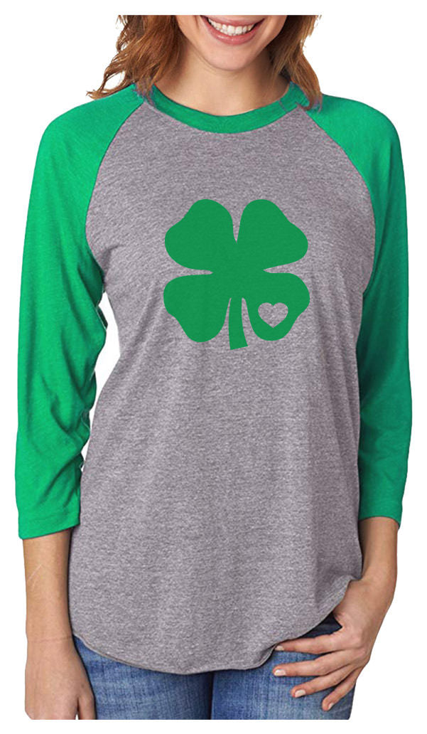 Green Clover Heart 3/4 Women Sleeve Baseball Jersey Shirt - Green/Heather 2