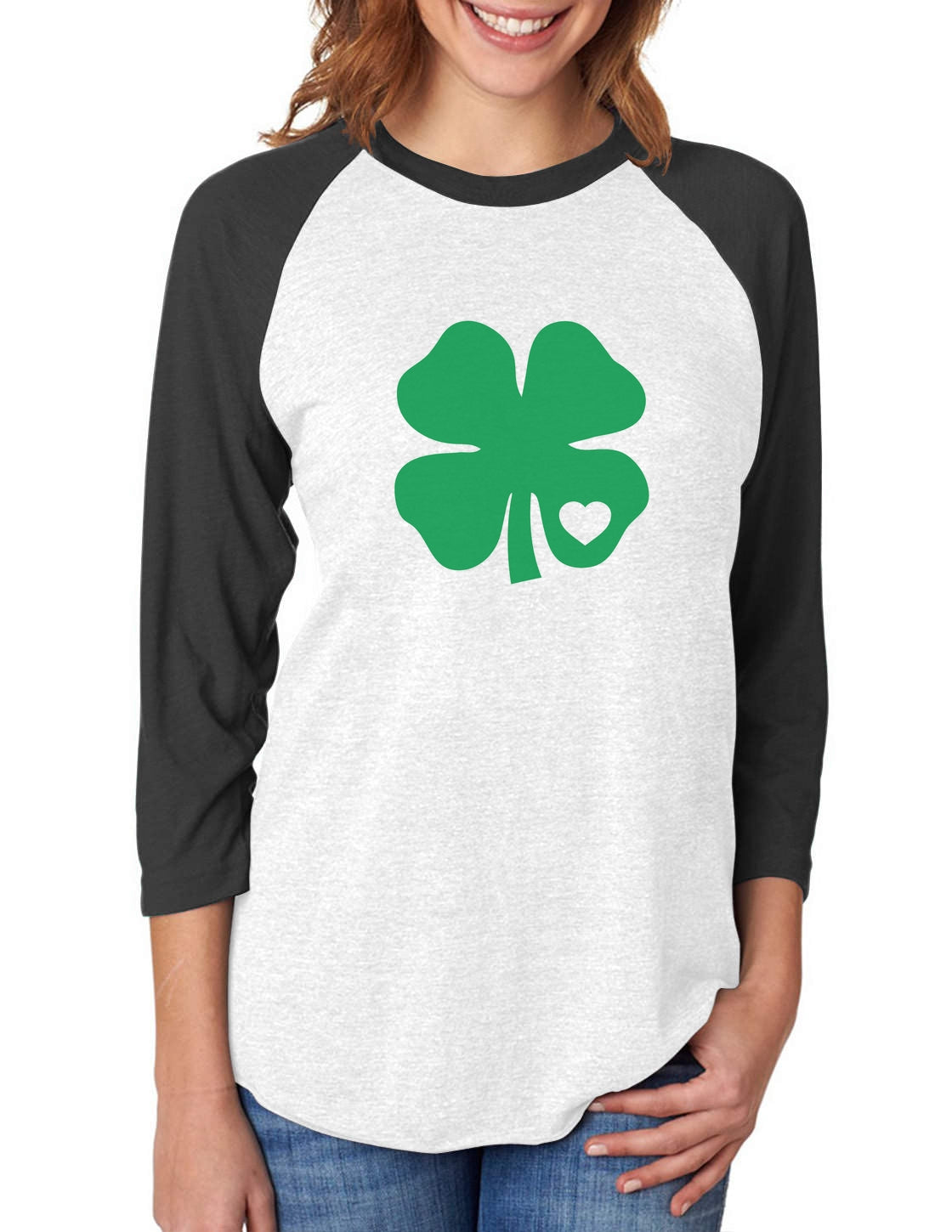 Green Clover Heart 3/4 Women Sleeve Baseball Jersey Shirt - black/white 4