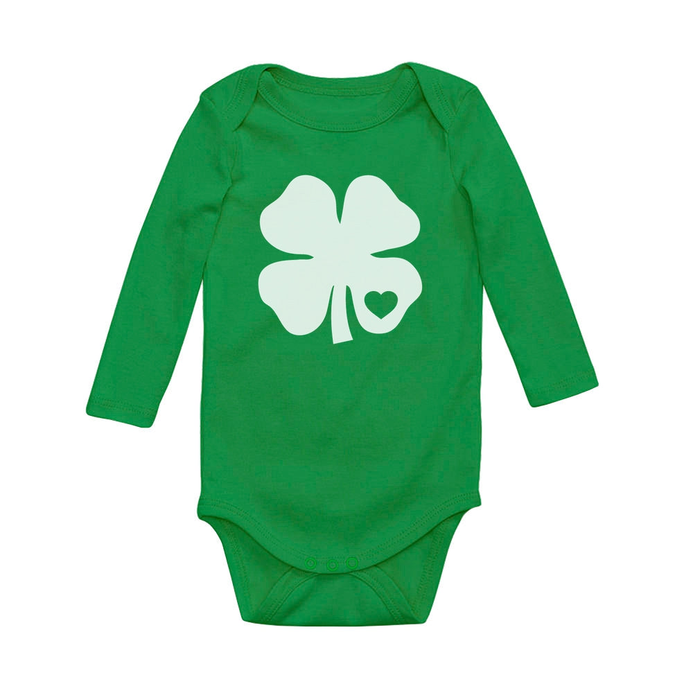 White Clover Heart Cute St Patrick's Day Baby Long Sleeve Bodysuit - Green 1