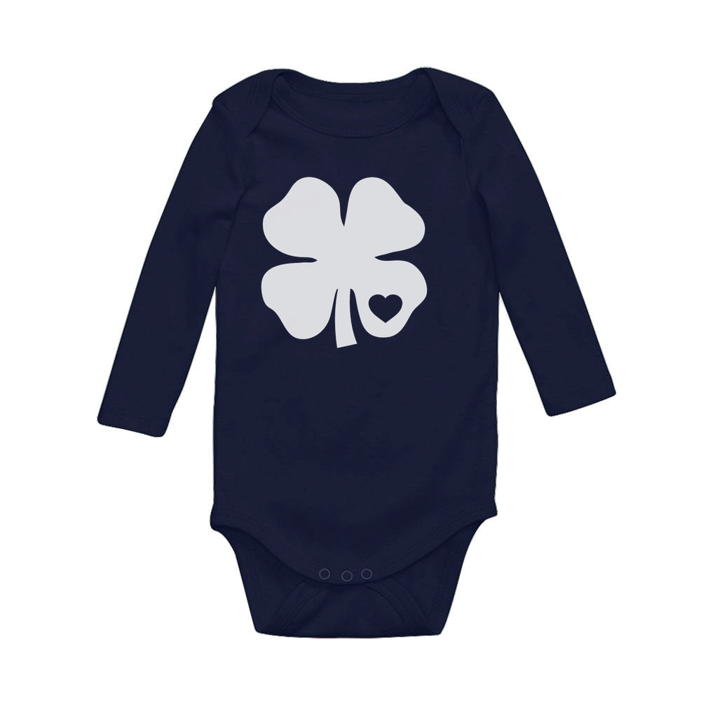 White Clover Heart Cute St Patrick's Day Baby Long Sleeve Bodysuit - Navy 3